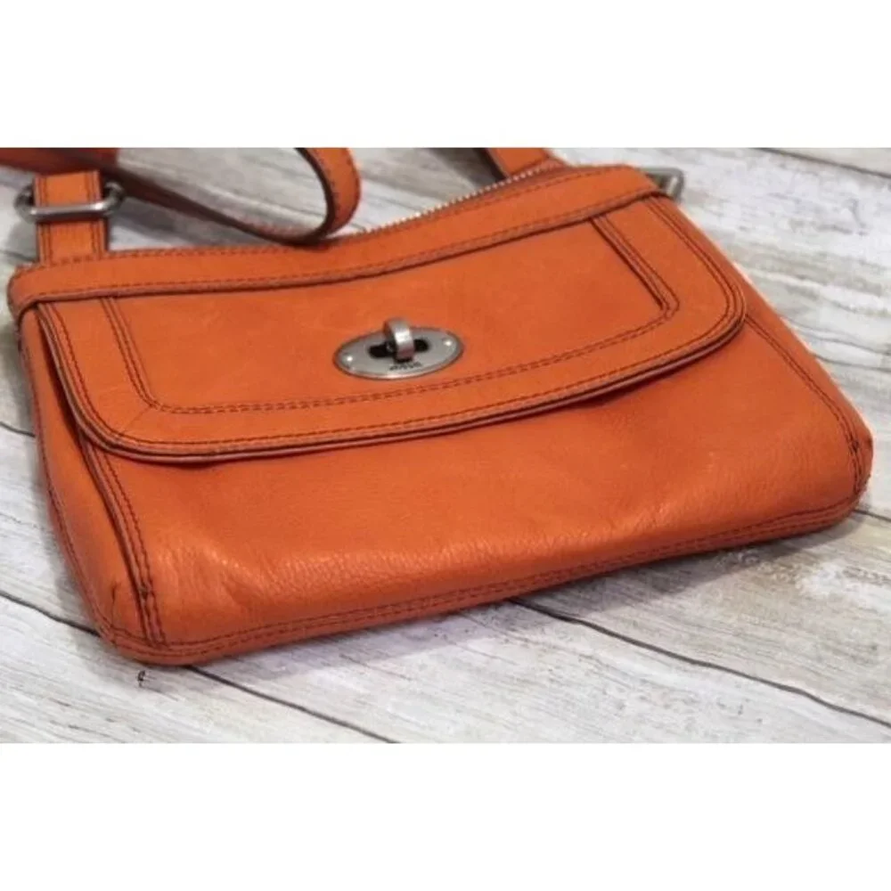 Orange Fossil Leather Crossbody Bag with‎ Front Turn Lock Pocket